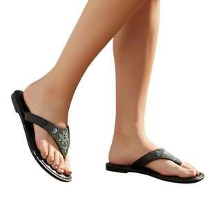 West Loop Womens Black Rhinestone Floral Thong Sandals Cushioned Sandal Size 7-8